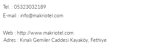 Makri Otel telefon numaralar, faks, e-mail, posta adresi ve iletiim bilgileri
